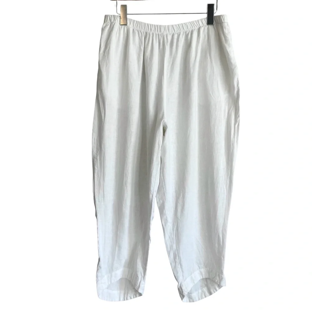 FLAX Relaxed Barrel Leg White Linen Casual Lounge Ankle Pants - Picture 2 of 7